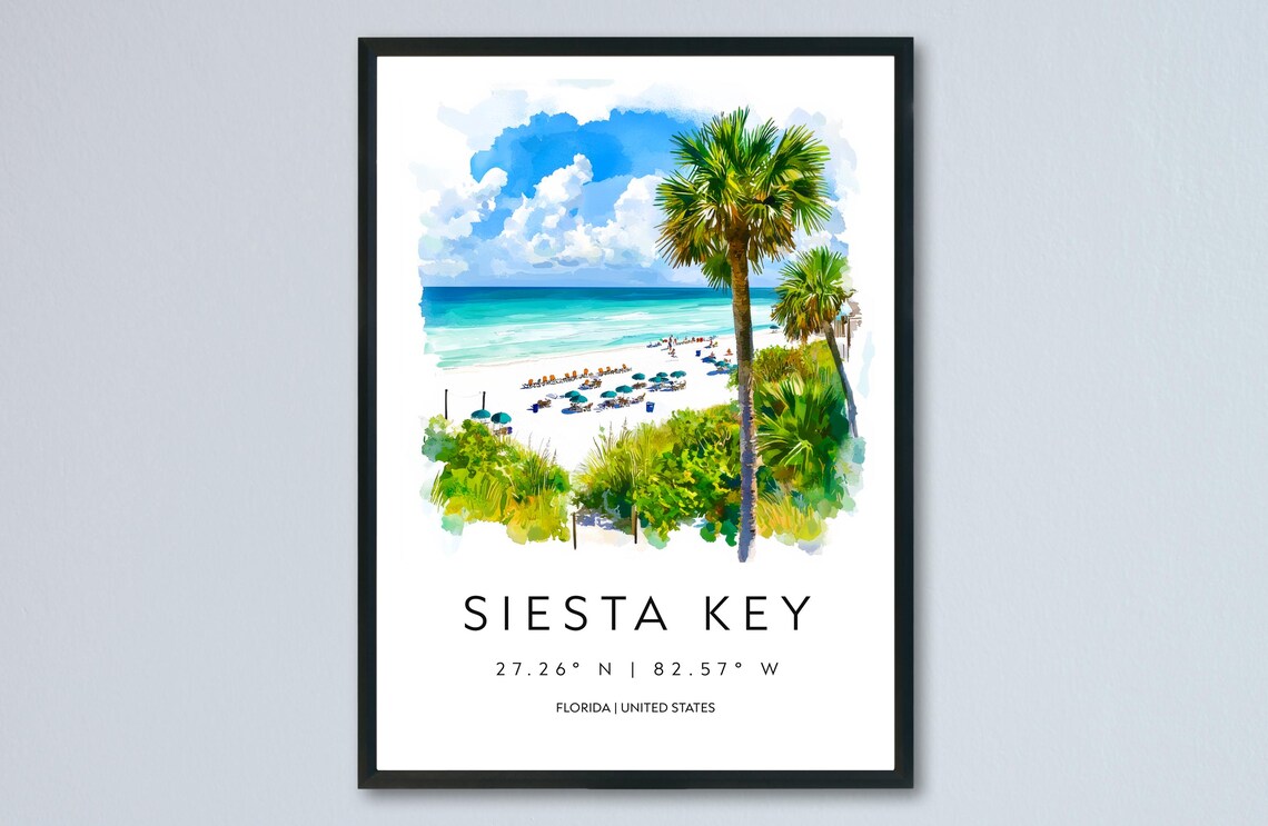 Siesta Key Florida White Sand Beach Umbrellas Watercolor Poster