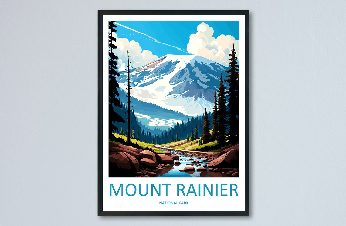 Mount Rainier National Park Snowy Mountain Valley Travel Poster
