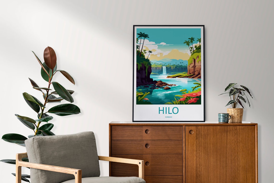 Hilo Hawaii Tropical Waterfall Lagoon Palm Cliffs Island Travel Poster - Image 2