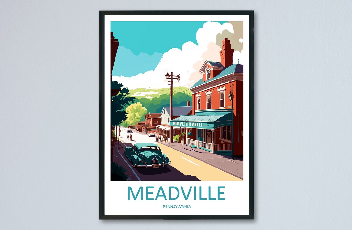 Meadville Pennsylvania Vintage Car Main Street Travel Poster