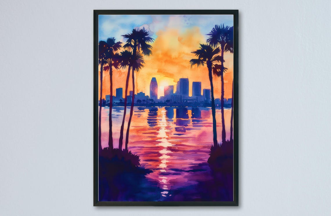 San Diego Skyline Sunset Palm Silhouettes Bay Watercolor Art Poster
