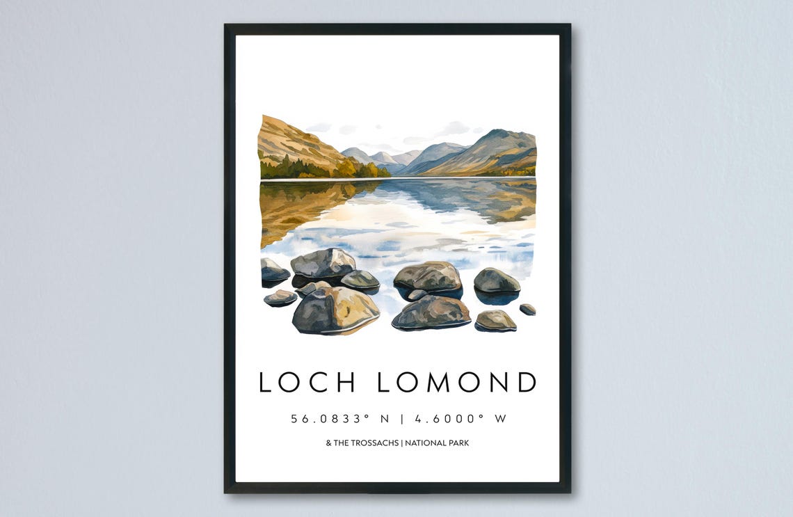 Loch Lomond Calm Lake Scotland Scenic Watercolor Travel Poster