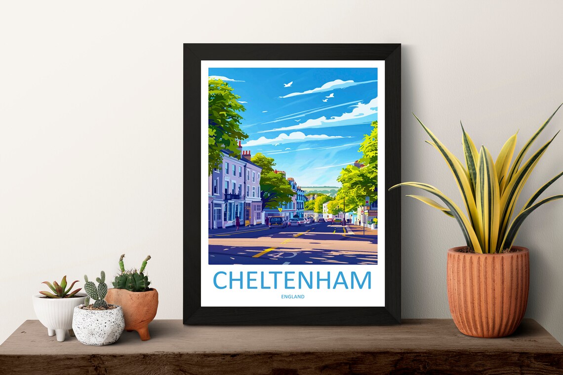 Cheltenham England Sunny Tree Lined Town Street City Travel Poster - Image 3