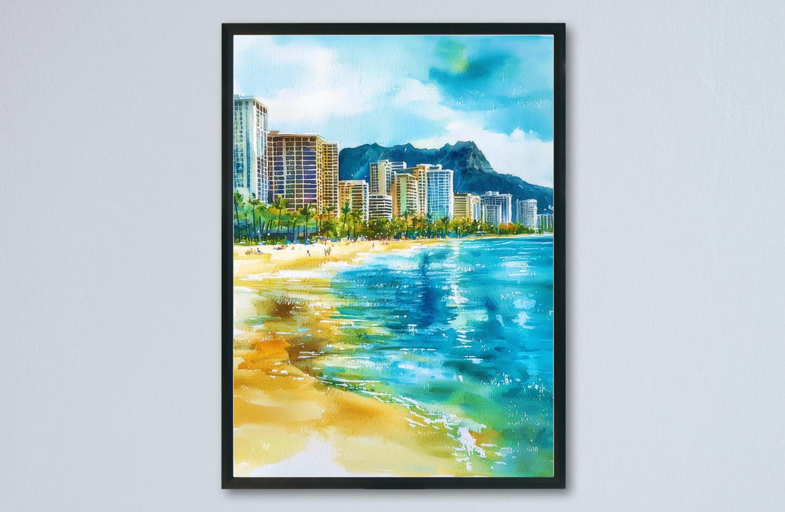 Honolulu Waikiki Beach Diamond Head Hawaii Watercolor Poster