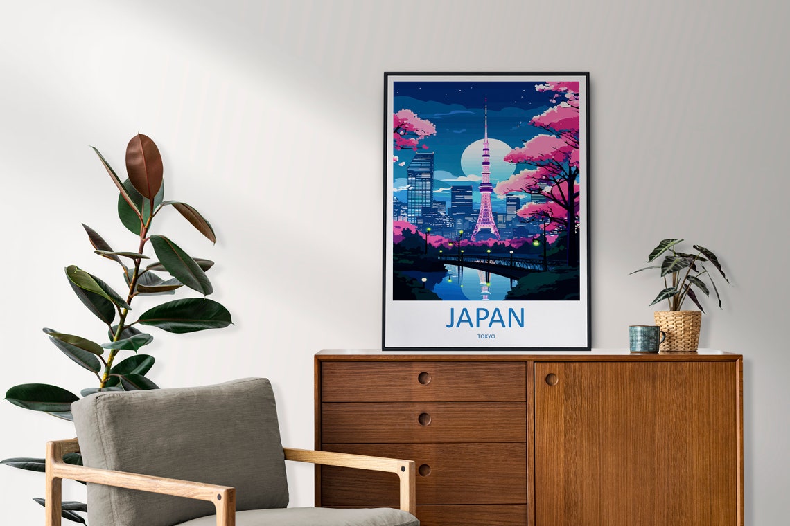 Japan Tokyo Skytree Cherry Blossom Moonlit Night Skyline Art Poster - Image 2