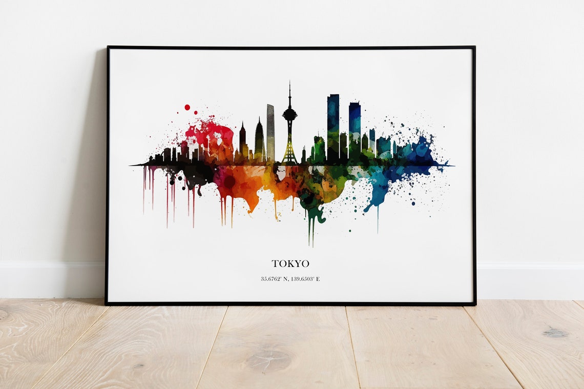 Tokyo Japan Watercolor Skyline Cityscape Coordinates Art Poster