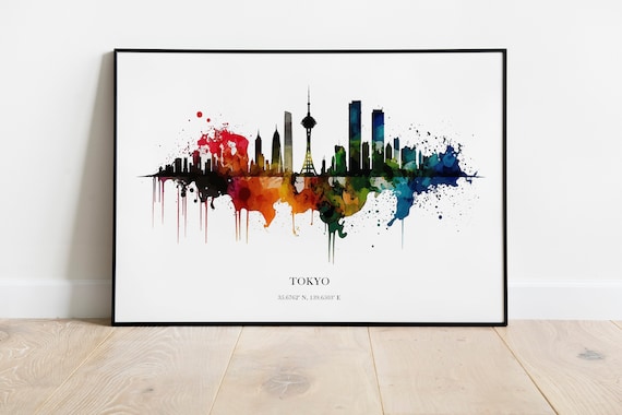 Tokyo Japan Watercolor Skyline Cityscape Coordinates Art Poster