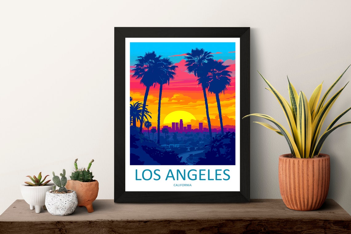 Los Angeles California Sunset Palm Trees City Skyline Travel Poster - Image 3