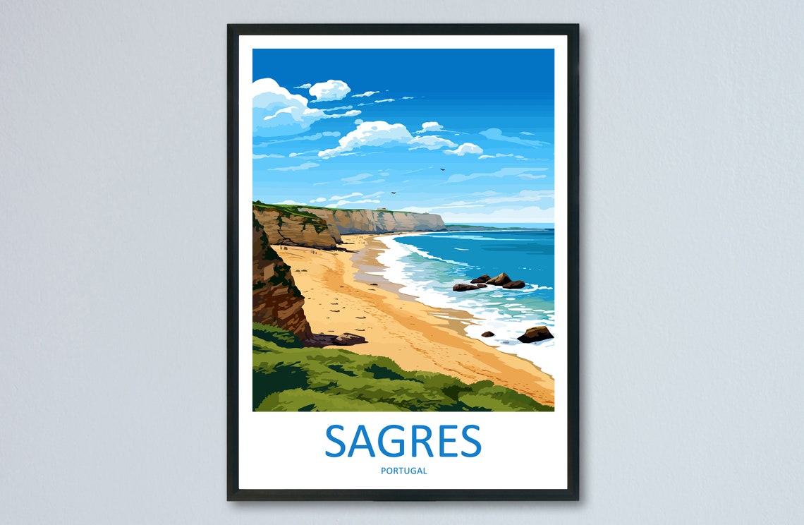 Sagres Portugal Coastal Cliffs Beach Illustrated Travel Poster