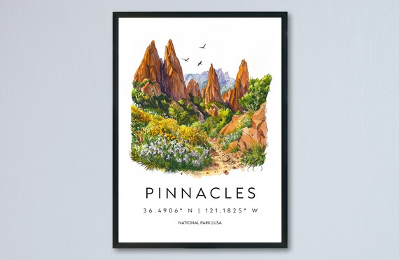 Pinnacles National Park Watercolor Travel Poster California Rock Peaks