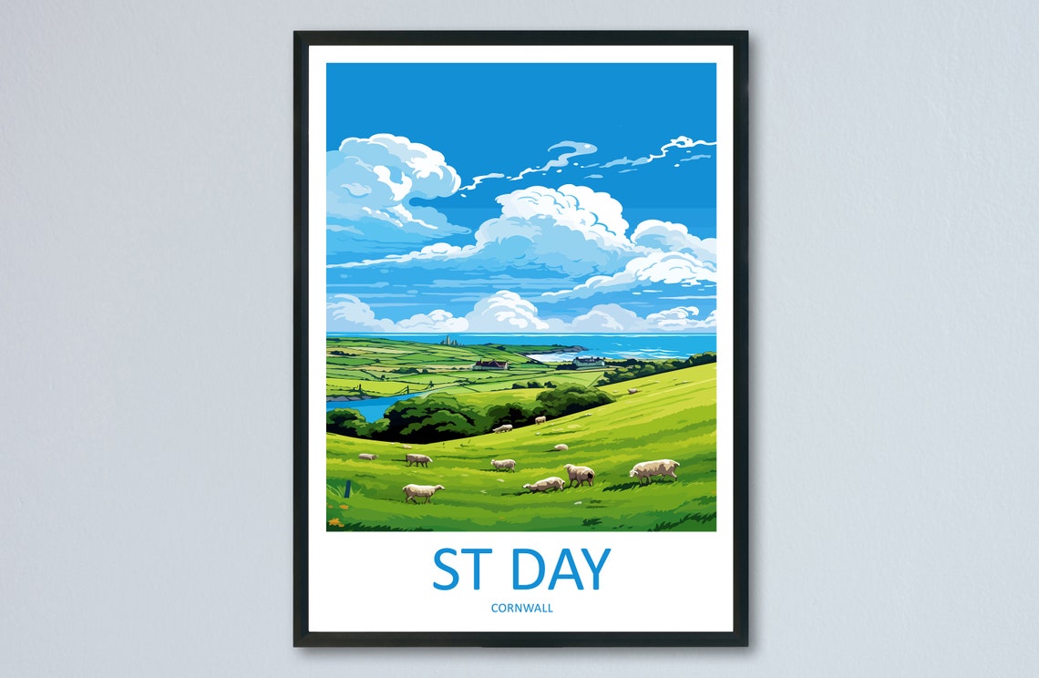 St Day Cornwall Sheep Grazing Hillside Travel Poster Green View