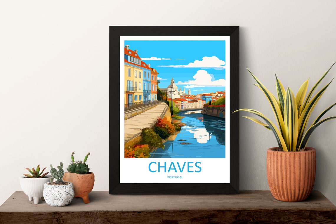 Chaves Portugal Riverside Promenade Bridge Church Travel Poster Art - Image 3