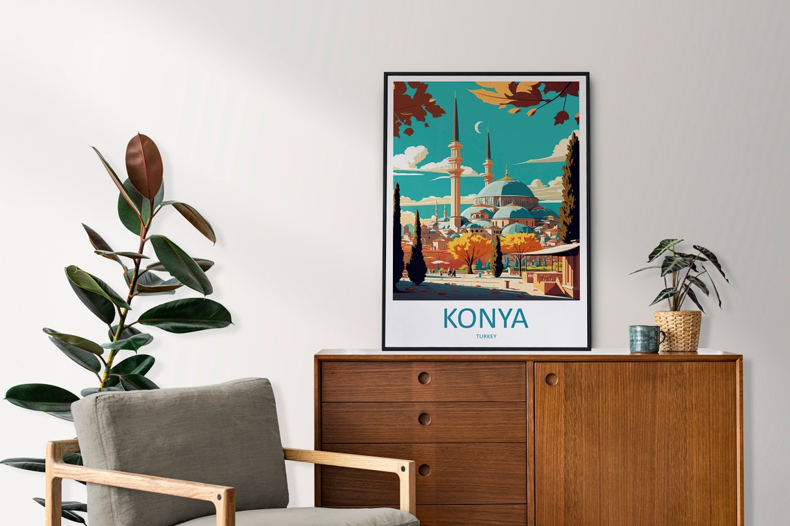 Konya Mosque With Twin Minarets Under Crescent Moon Travel Poster - Image 2