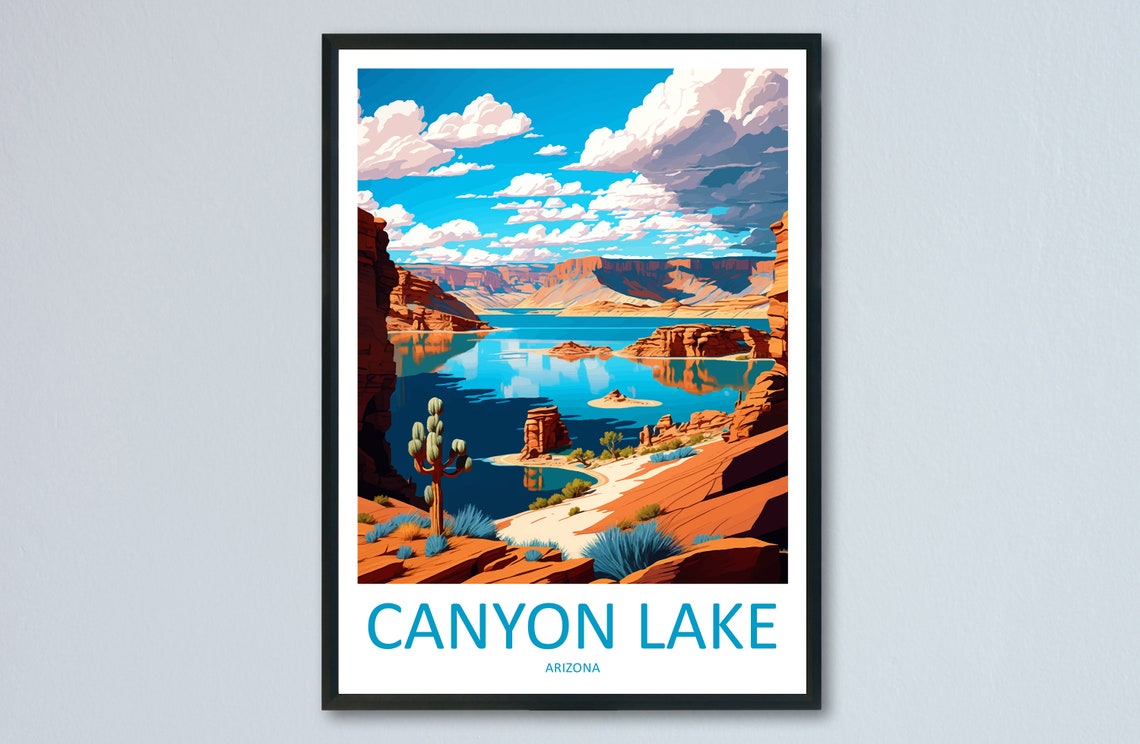 Canyon Lake Arizona Red Rock Shoreline Cactus Illustration Poster