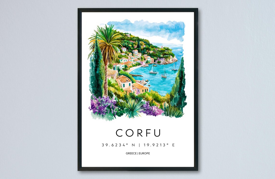 Corfu Greece Coastal Village Watercolor Greek Island Travel Poster