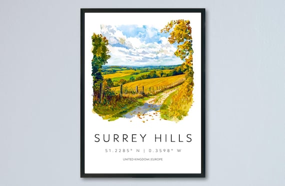 Surrey Hills England Watercolor Countryside Landscape Travel Poster