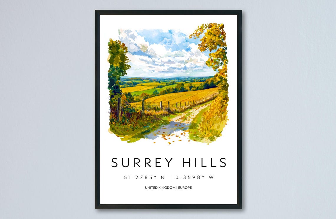 Surrey Hills England Watercolor Countryside Landscape Travel Poster