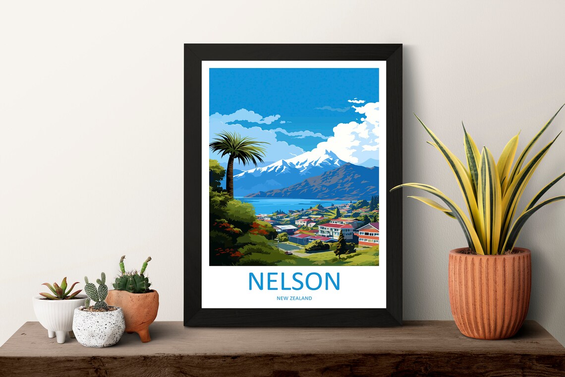 Nelson New Zealand Vintage Travel Mountain Bay Scenic View Art Poster - Image 3