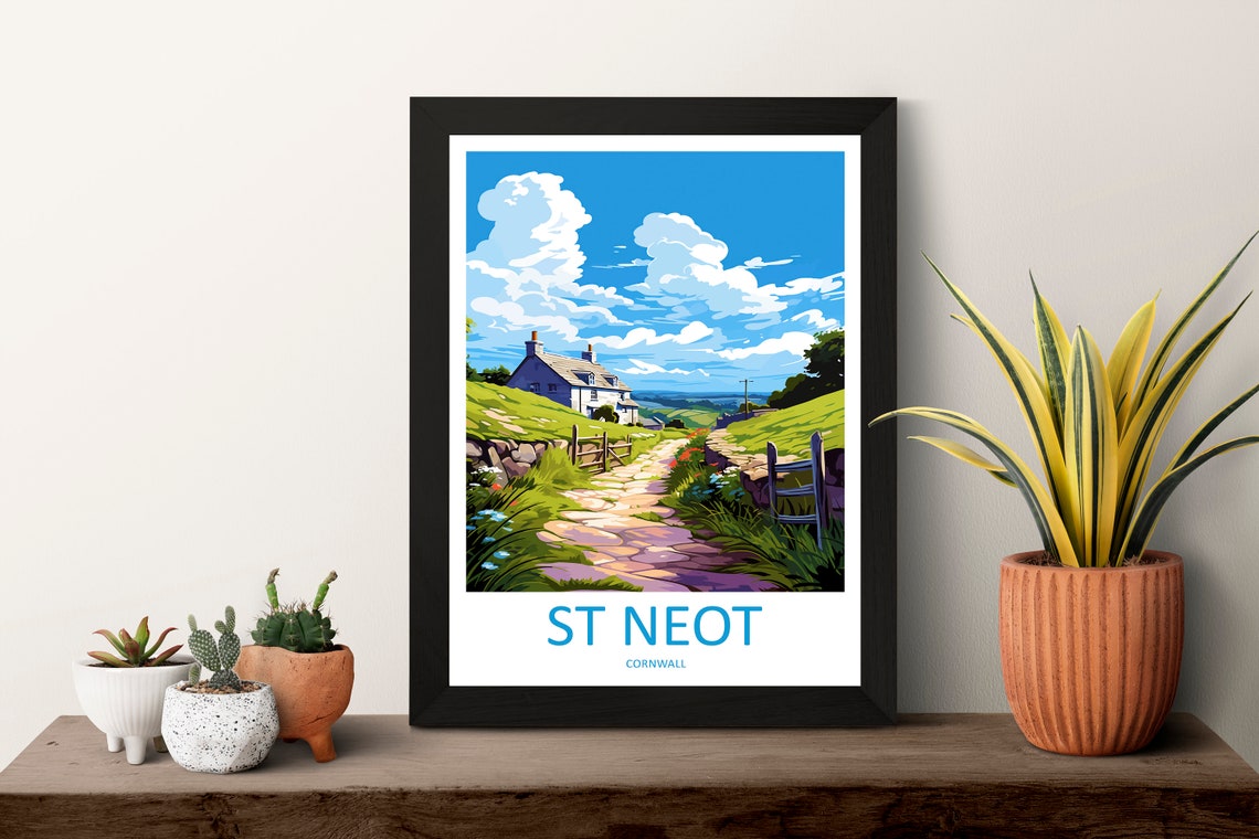 St Neot Cornwall Stone Cottage Path Travel Poster Garden Scene Art - Image 3
