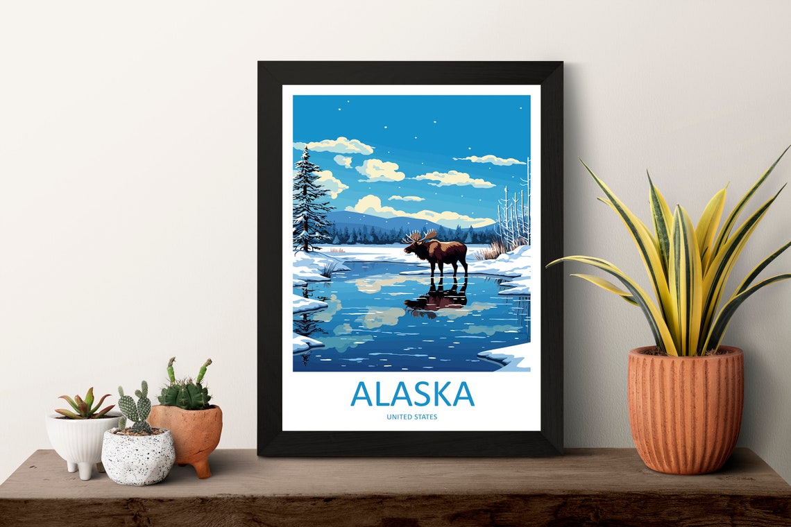 Alaska United States Moose Snowy Lake Winter Reflection Poster - Image 3