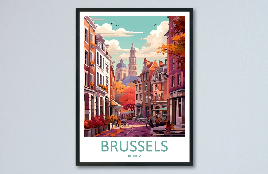 Retro Brussels Old Town Autumn Street Scene Belgium Travel Poster
