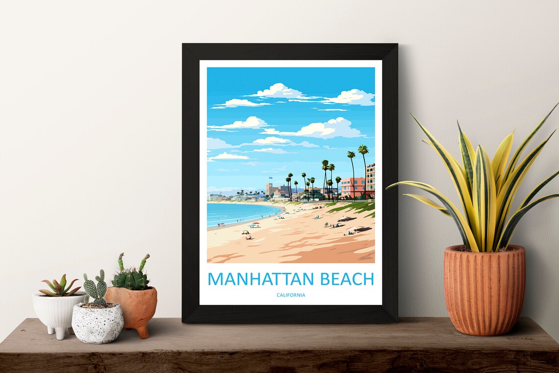 Manhattan Beach Sunny Shoreline Palm Trees California Travel Poster - Image 3