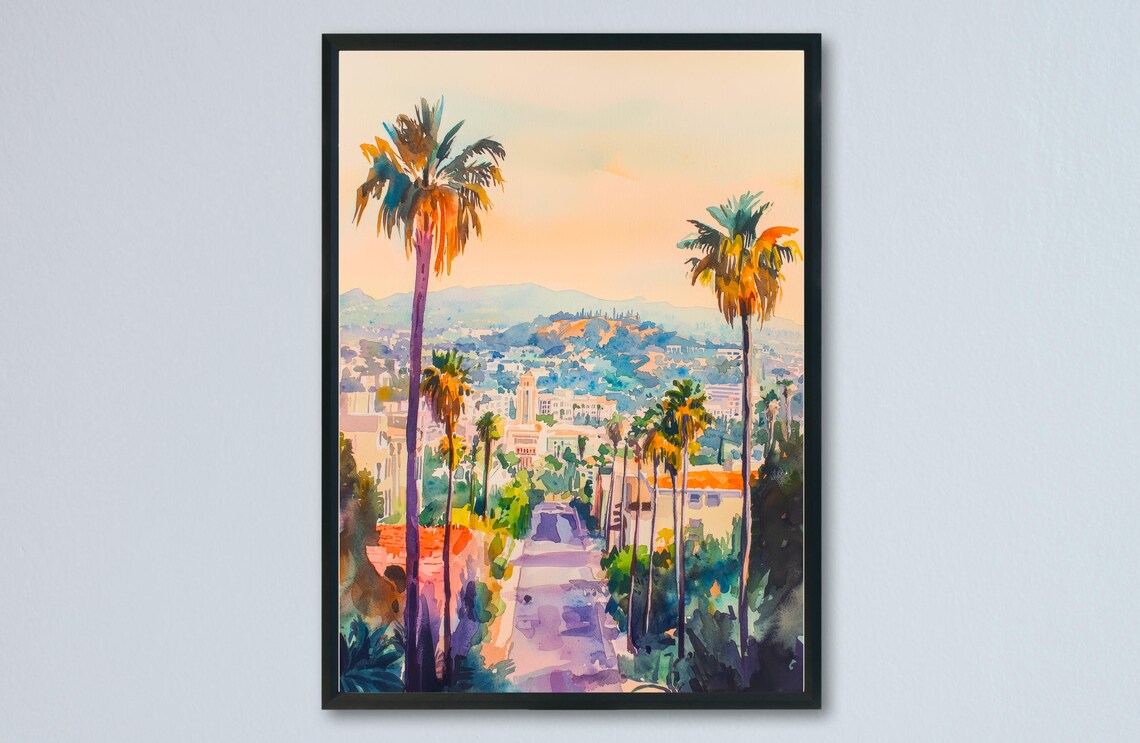 Los Angeles Palm Trees Street Sunset Watercolor California Poster