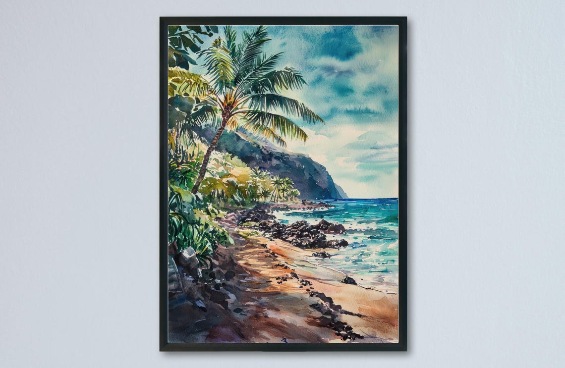 Maui Hawaii Palm Beach Tropical Coast Watercolor Travel Poster