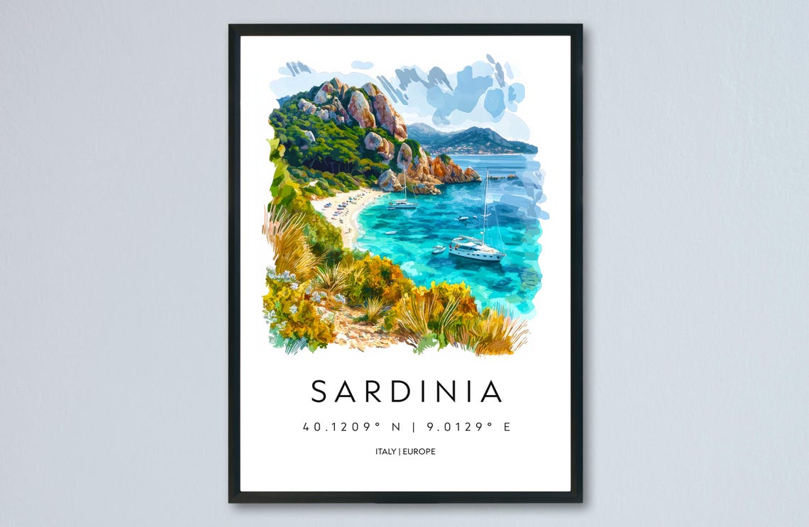 Sardinia Italy Watercolor Travel Poster Turquoise Bay And Island Coast