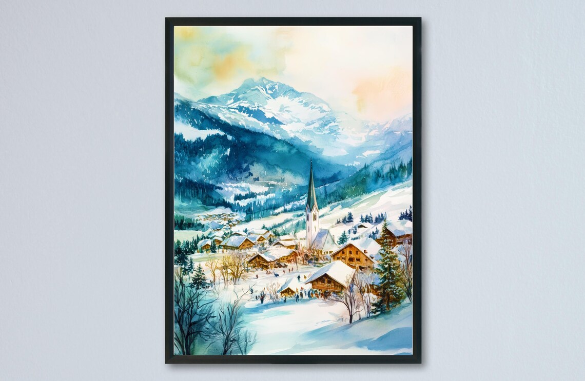 Seefeld Snowy Alpine Village Church Spire Winter Watercolor Poster