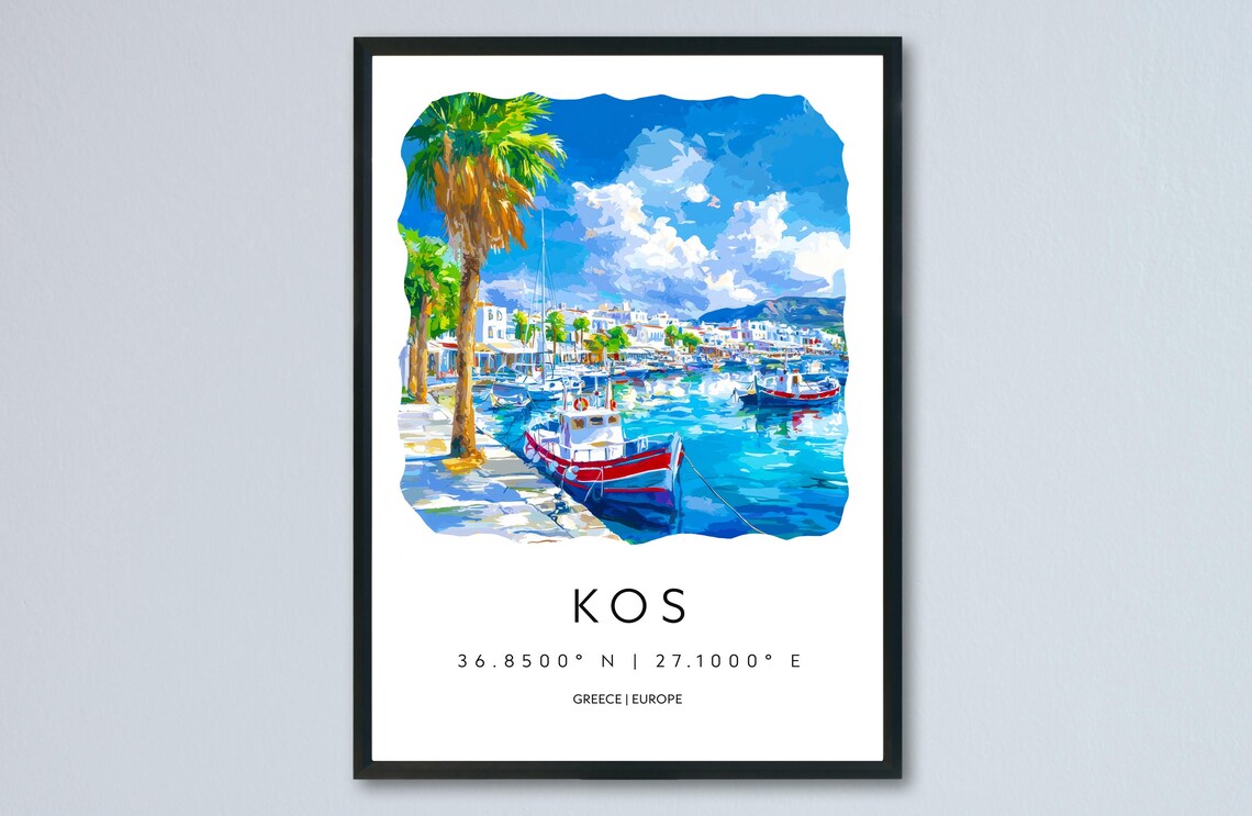 Kos Greece Harbor Palms Fishing Boats Watercolor Travel Poster