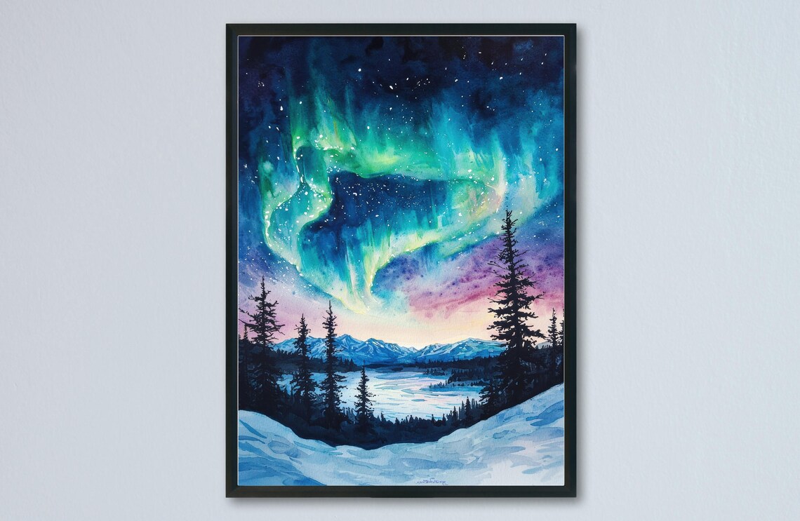 Northern Lights Aurora Borealis Snowy Forest Night Sky Poster