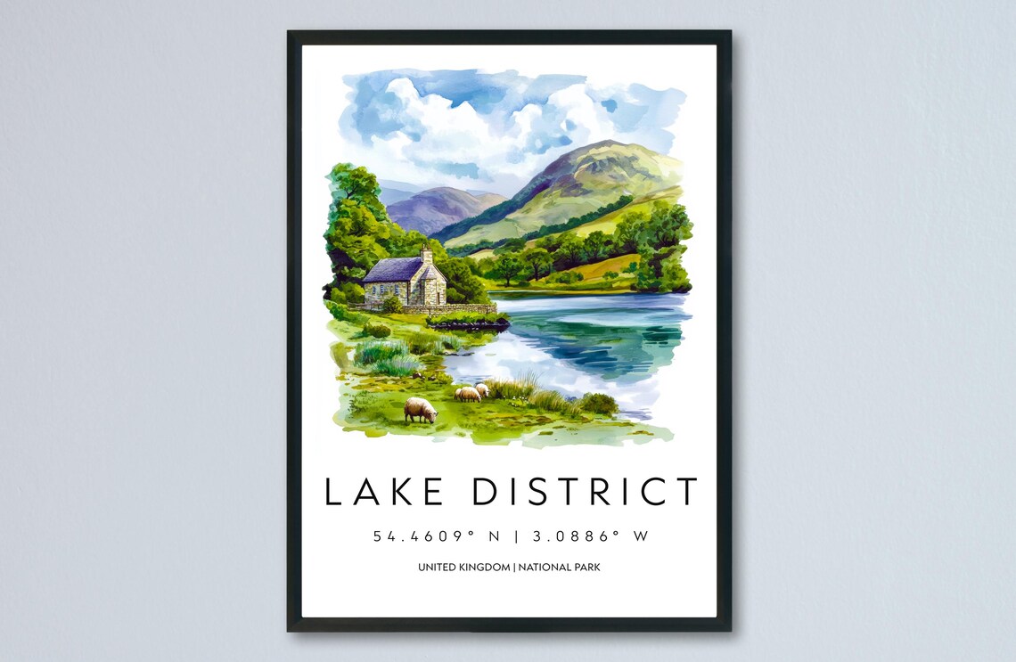Lake District National Park Sheep Scenic Watercolor Travel Poster
