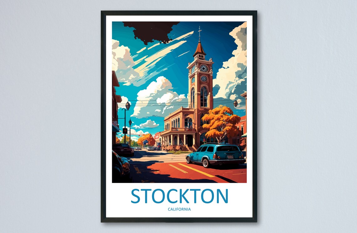 Stockton California Clock Tower Street Vintage Travel Poster