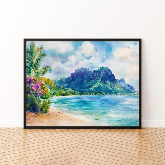 Mauritius Tropical Beach Lagoon Mountain Watercolor Island Poster