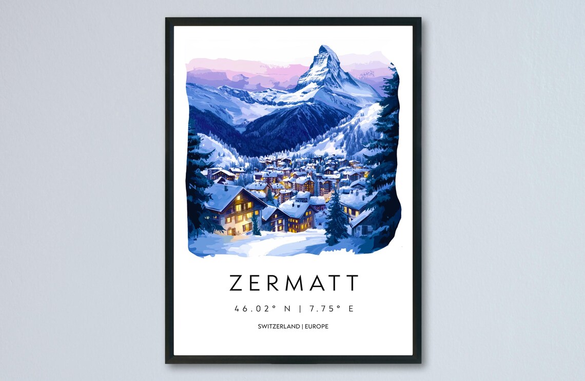 Zermatt Matterhorn Night Watercolor Swiss Alpine Village Poster