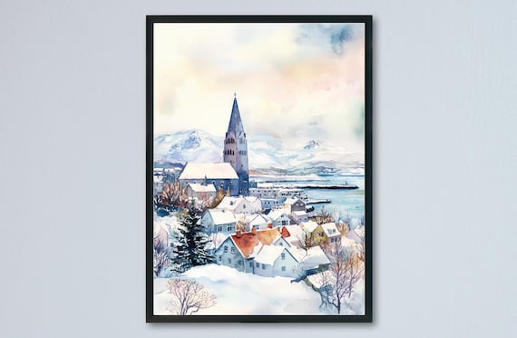 Reykjavik Hallgrimskirkja Church Snowy Iceland City Watercolor Poster