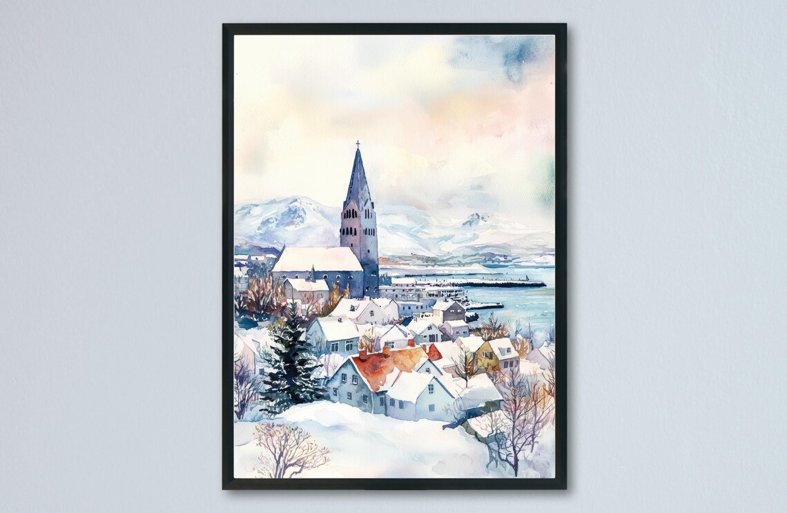 Reykjavik Hallgrimskirkja Church Snowy Iceland City Watercolor Poster