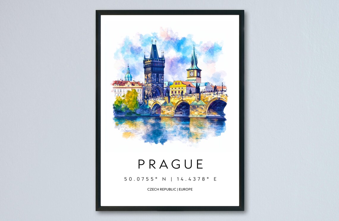 Prague Charles Bridge Over the River Watercolor Travel Poster
