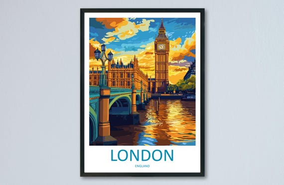 London Travel Poster England Wall Art Cityscape Print Landmark View Illustration Big Ben Decor Gift Souvenir Scene