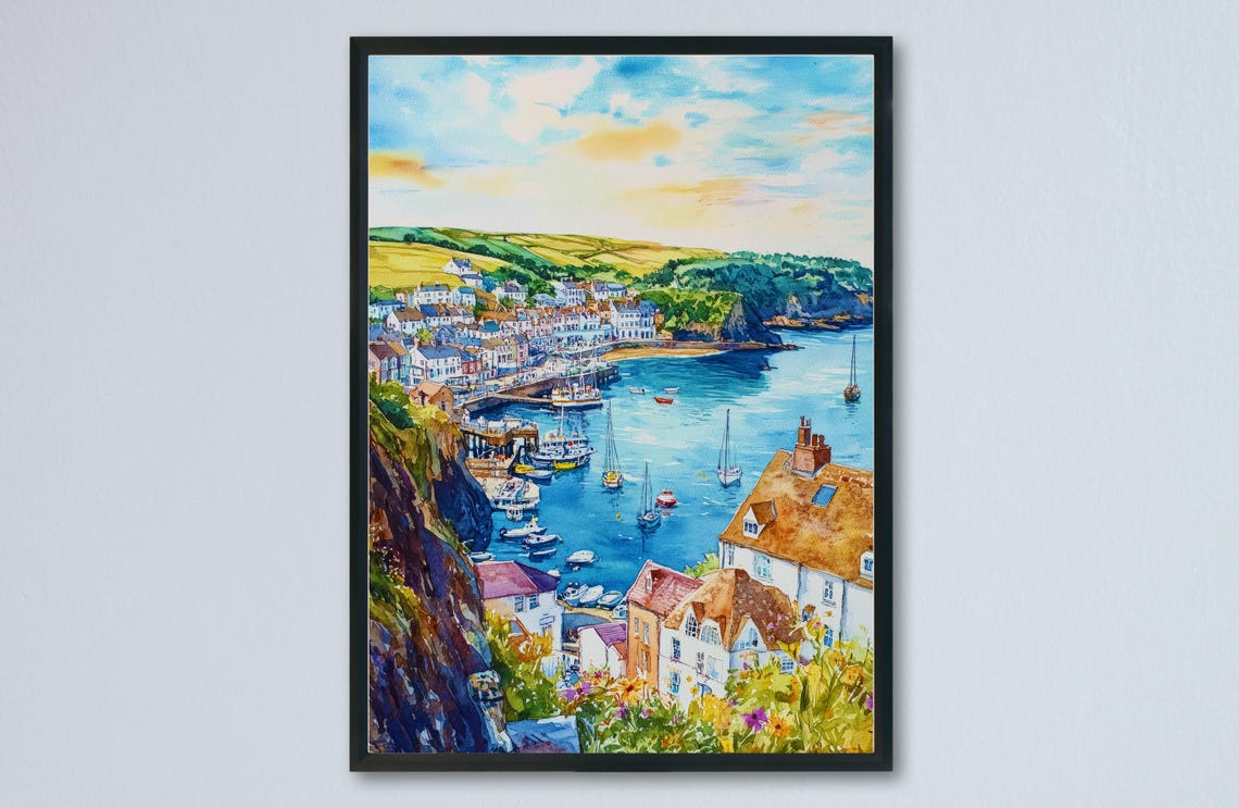 Ilfracombe Devon Sunny Harbor Town Boats Hillside View Poster