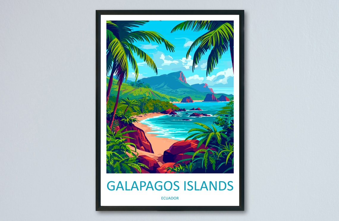 Galapagos Islands Ecuador Tropical Palm Cove Beach Travel Poster