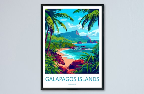 Galapagos Islands Ecuador Tropical Palm Cove Beach Travel Poster