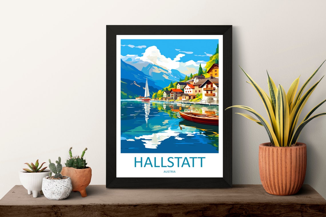 Hallstatt Austria Sailboat Lake View Village Scene Travel Poster - Image 3