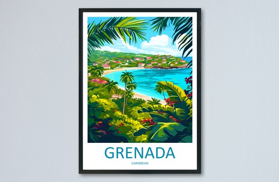 Grenada Turquoise Bay Palm Trees Caribbean View Travel Poster