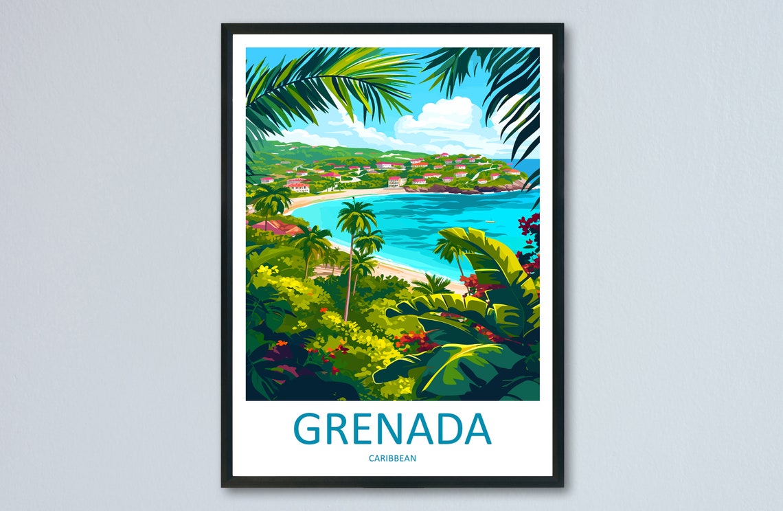 Grenada Turquoise Bay Palm Trees Caribbean View Travel Poster