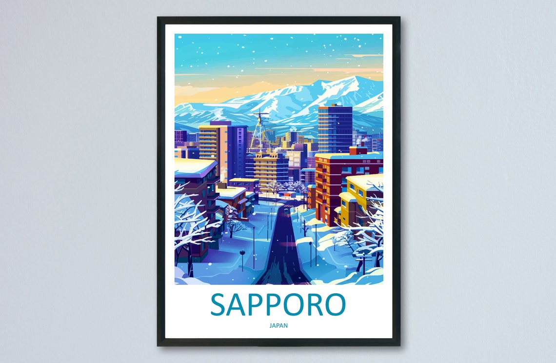 Sapporo Japan Snowy City Street with Mountains on the Horizon Poster