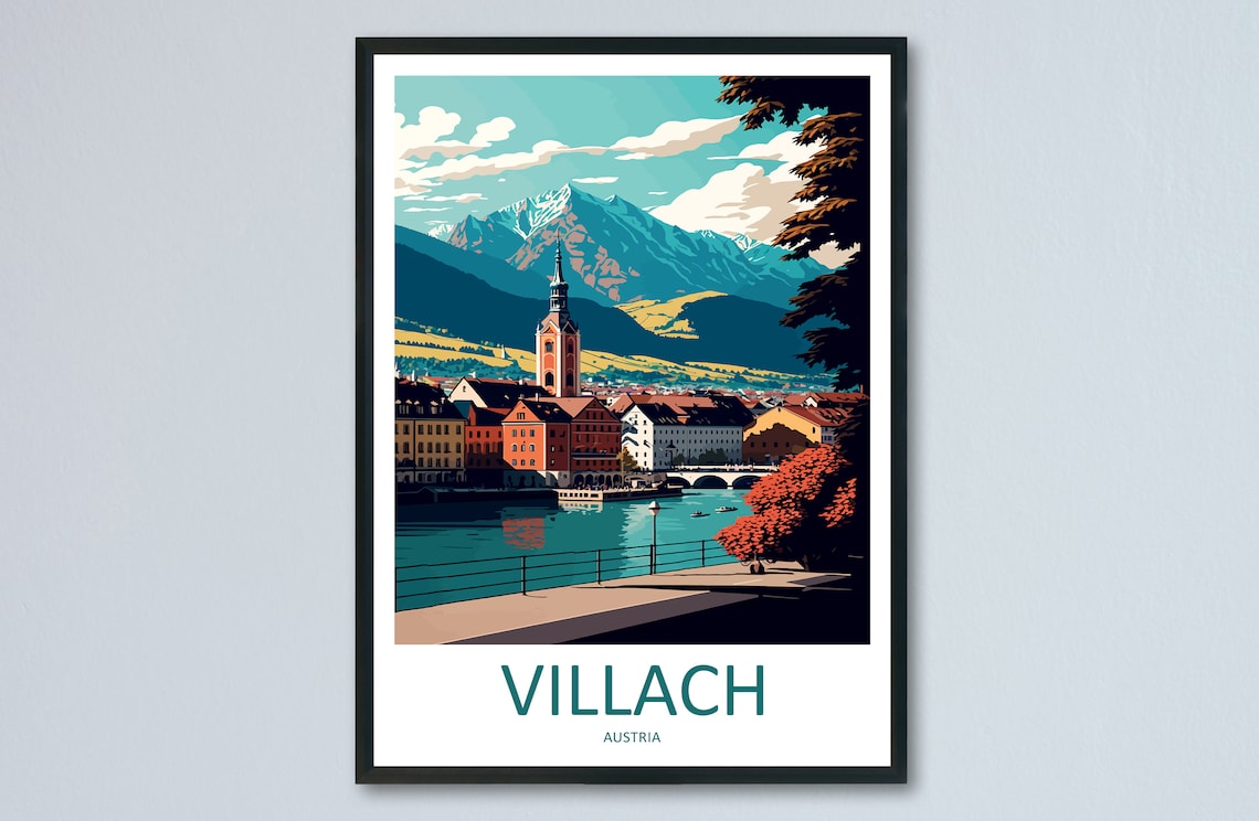 Villach Austria Riverside Alpine Old Town Vintage Travel Poster