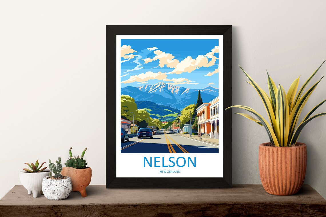 Nelson New Zealand Mountain Street View Bright Modern Travel Poster - Image 3