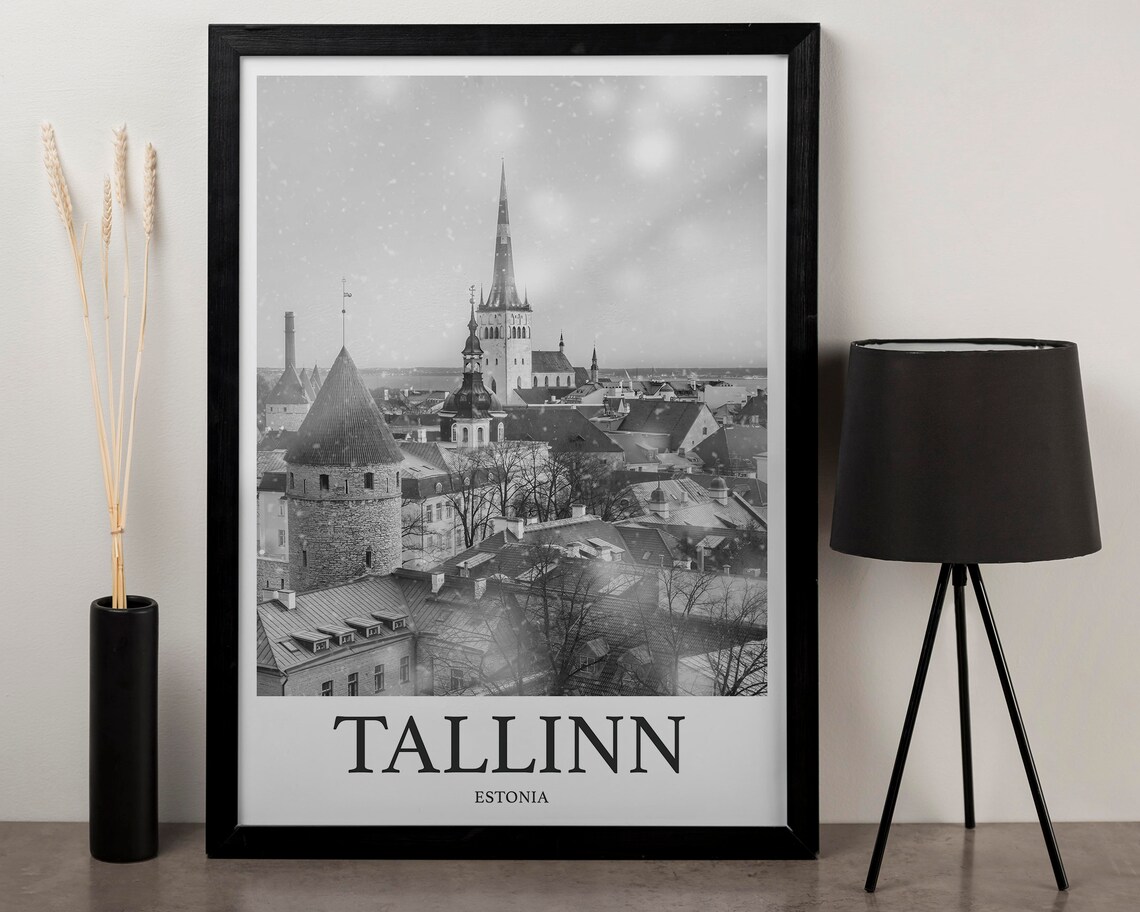 Tallinn Estonia Snowy Old Town Towers Black White Photography Print - Image 3